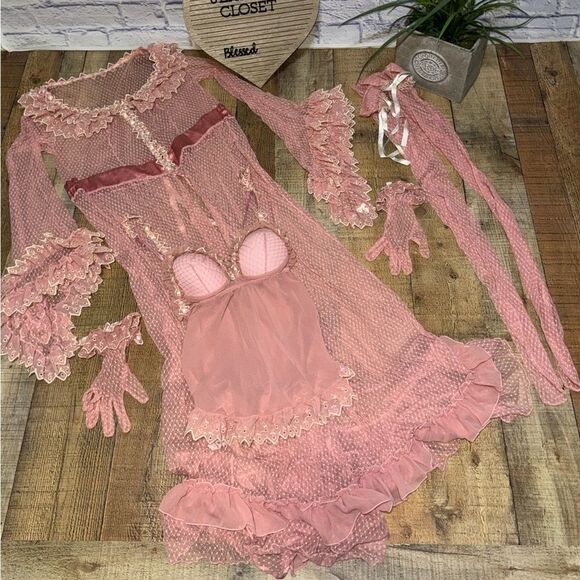 FRUIT DE LA PASSION SET ROBE, BABYDOLL, GLOVES, TIGHTS LINGERIE PINK LACE SMALL - Picture 1 of 14